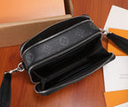 Louis Vuitton monogram crossbody bag with open top zipper and black leather interior