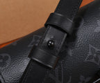 Crossbody bag strap attachment with black leather buckle and stud