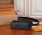 Louis Vuitton monogram crossbody bag side view with strap and front hardware