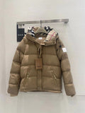 Beige hooded puffer jacket with plaid inner hood and full zip front