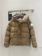 Beige hooded puffer jacket with plaid inner hood and full zip front