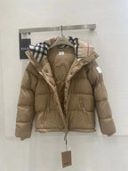 Beige hooded puffer jacket with plaid-trim hood and zip front