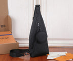 Louis Vuitton men's sling bag in black monogram leather, front oval emblem and zip pocket
