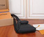 Louis Vuitton crossbody bag with dark embossed logo pattern and adjustable strap
