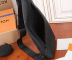 Louis Vuitton men's sling bag in black monogram leather with side zipper and strap