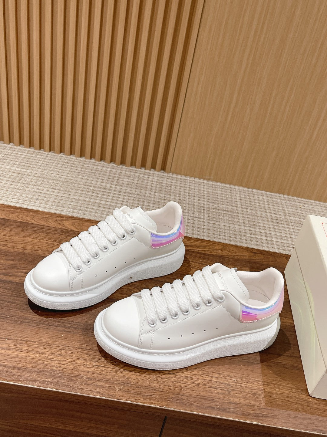 Alexander McQueen leather sneakers, white with pastel iridescent heel accents