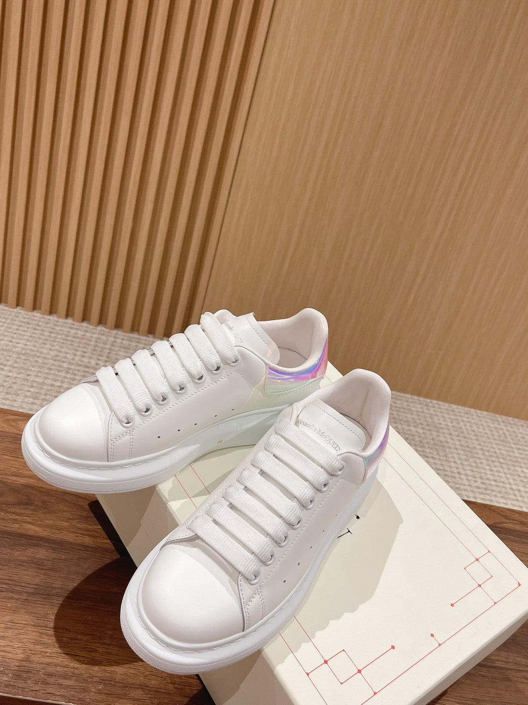 Alexander McQueen leather sneakers, white with lace-up vamp and pastel iridescent trim