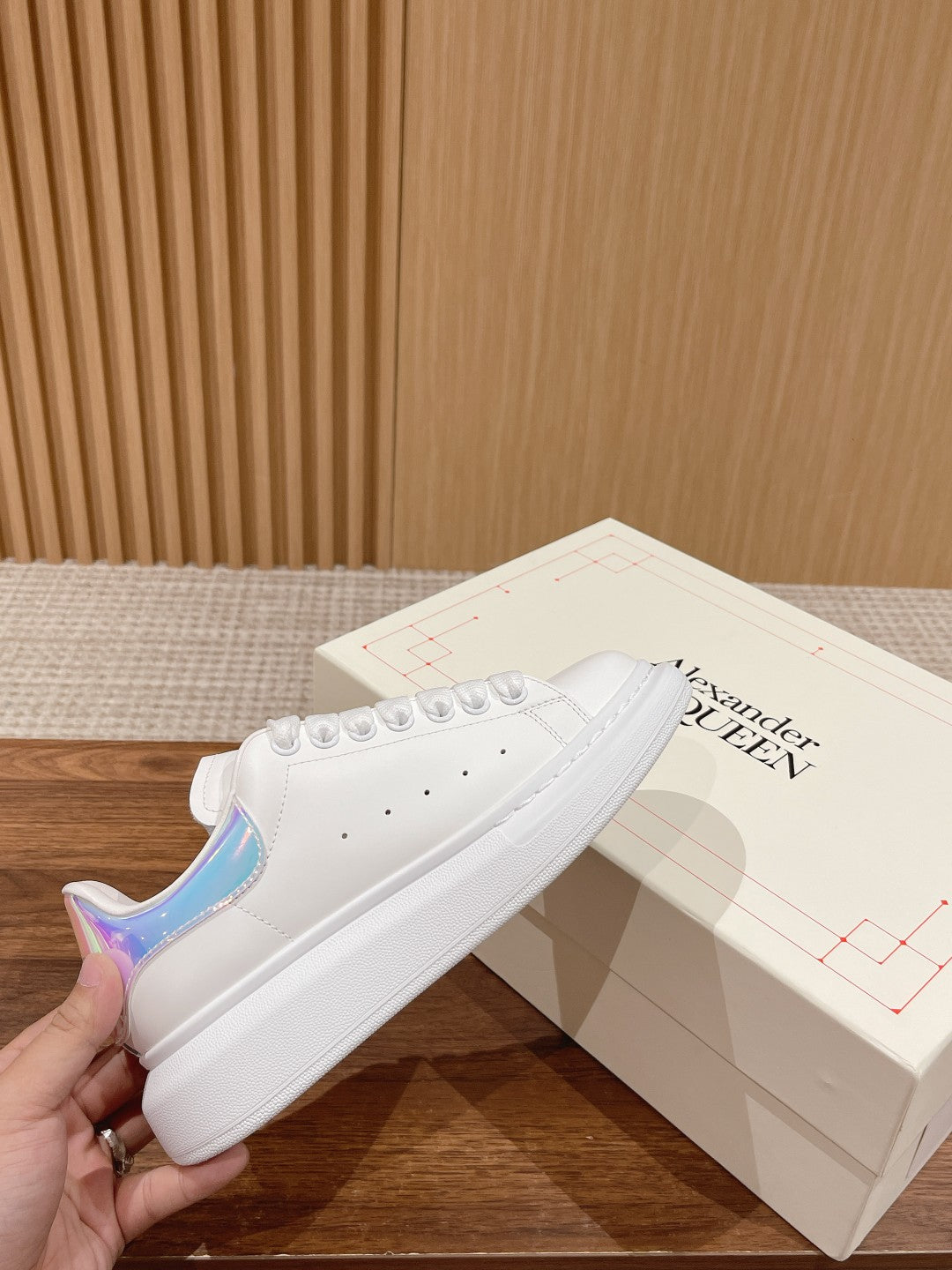 Alexander McQueen leather sneakers, white with iridescent blue-pink side panel