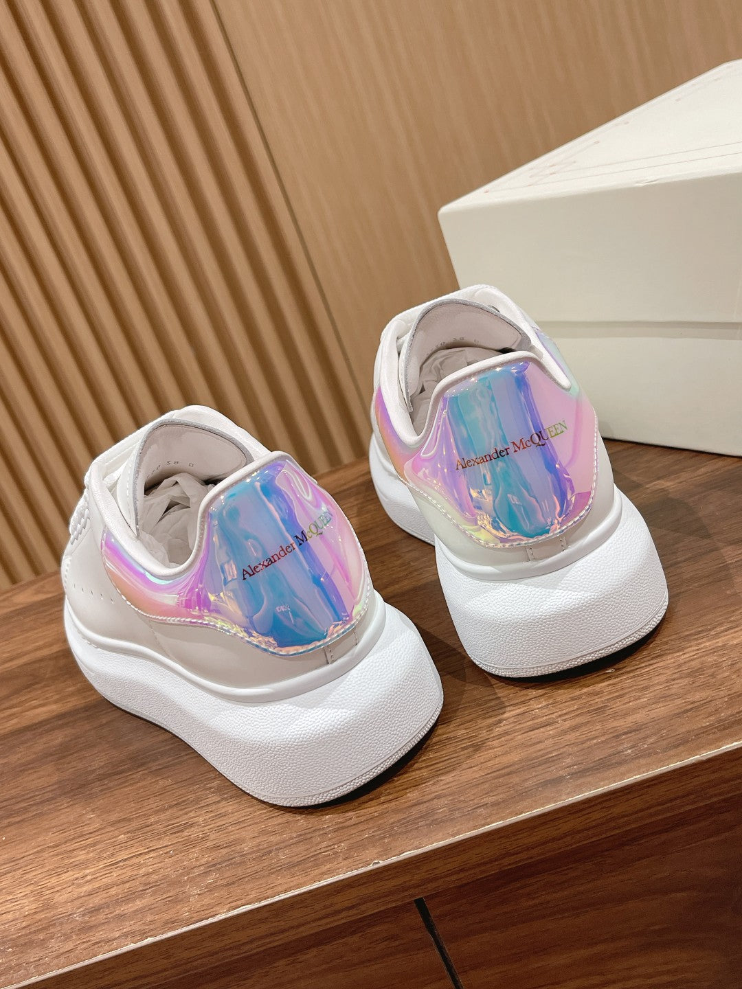 Alexander McQueen leather sneakers, white with iridescent reflective tongue panels