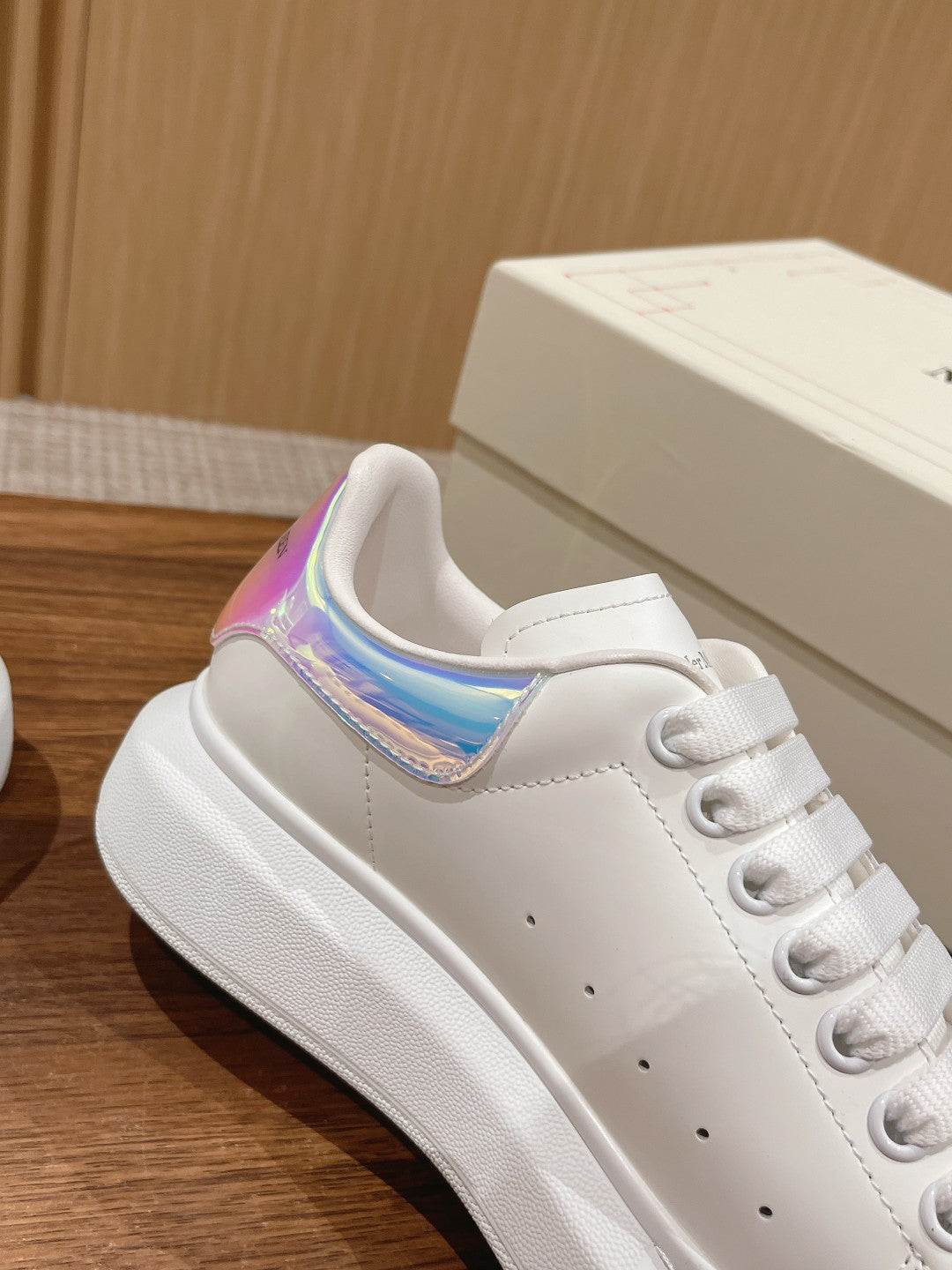 Alexander McQueen leather sneakers, white with iridescent collar trim and lace-up