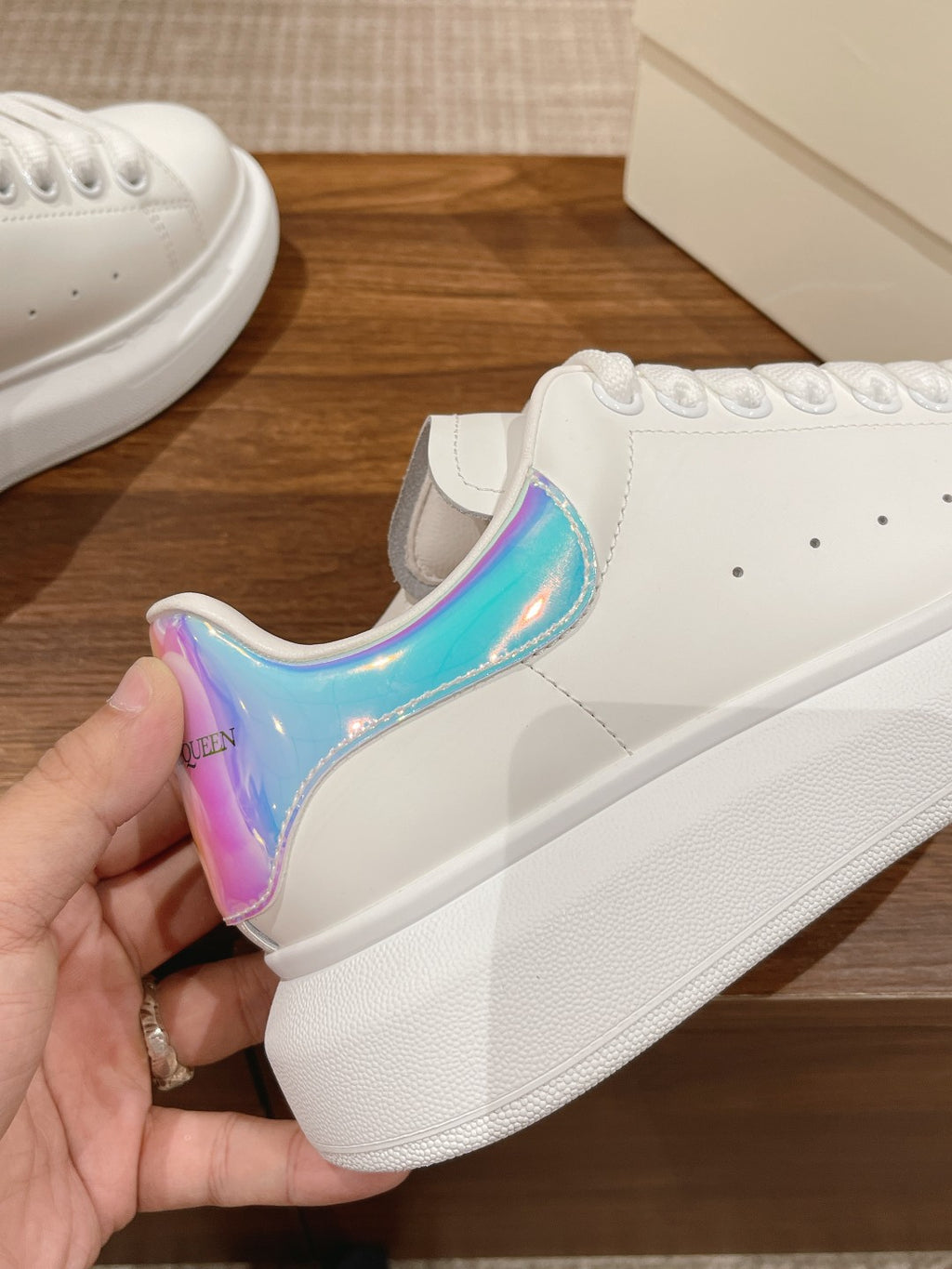 Alexander McQueen leather sneakers, white with iridescent blue-pink heel lining