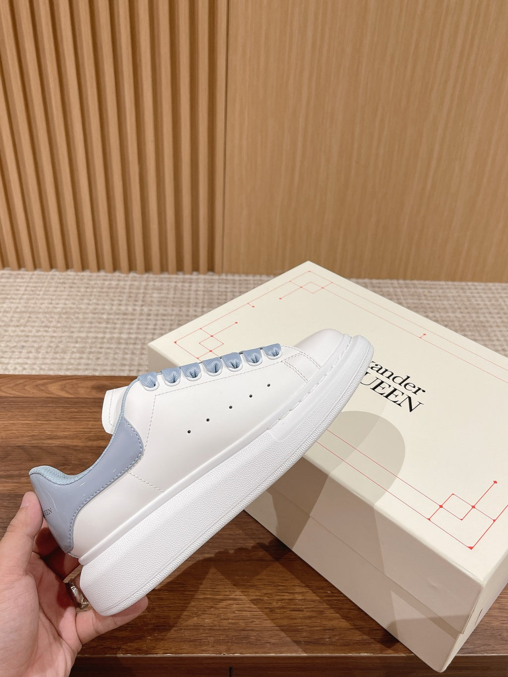Alexander McQueen low-top sneakers, white leather with light blue panels and laces