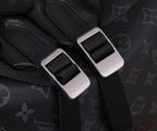Metal buckle strap with Louis Vuitton monogram fabric pattern on bag