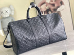Men's Louis Vuitton monogram duffel bag, dark gray, front view with shoulder strap