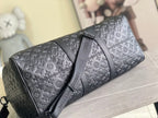 Men's Louis Vuitton monogram duffel bag, dark gray, side profile and strap