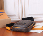 Louis Vuitton men's monogram crossbody bag, dark brown with black flap and orange piping