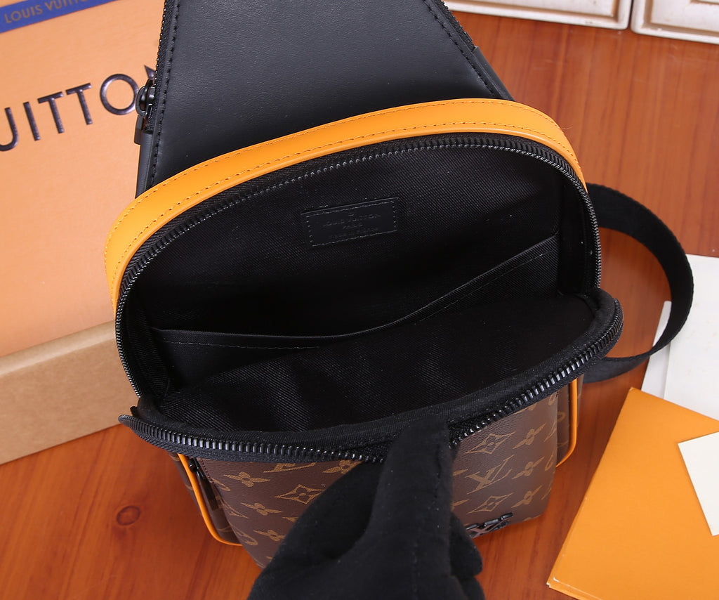 Louis Vuitton monogram sling bag open pocket with black interior and orange-trim zipper