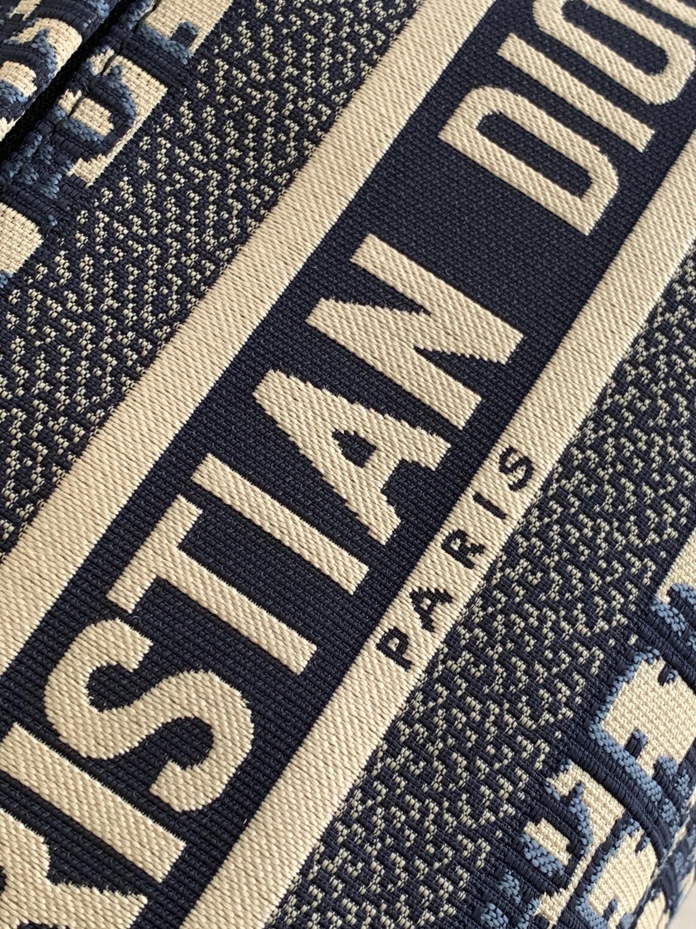 Dior logo strap detail on patterned fabric, navy and beige, dark trim