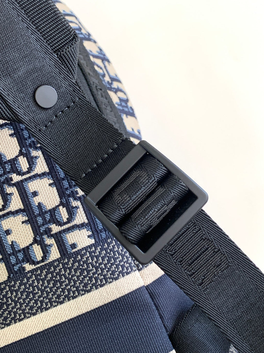 Dior monogram backpack strap with plastic buckle and fabric edge stitch detail