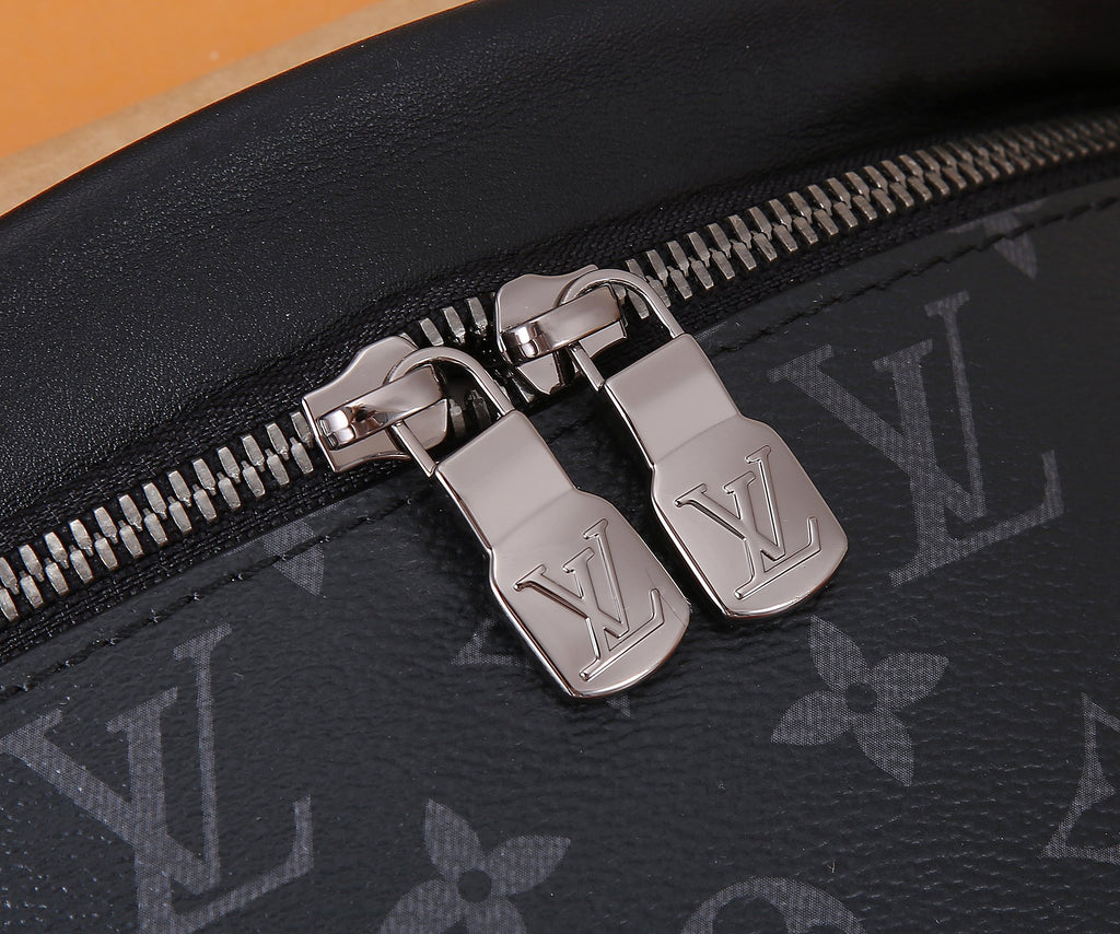 Louis Vuitton belt bag zipper hardware with metal pulls over monogram canvas