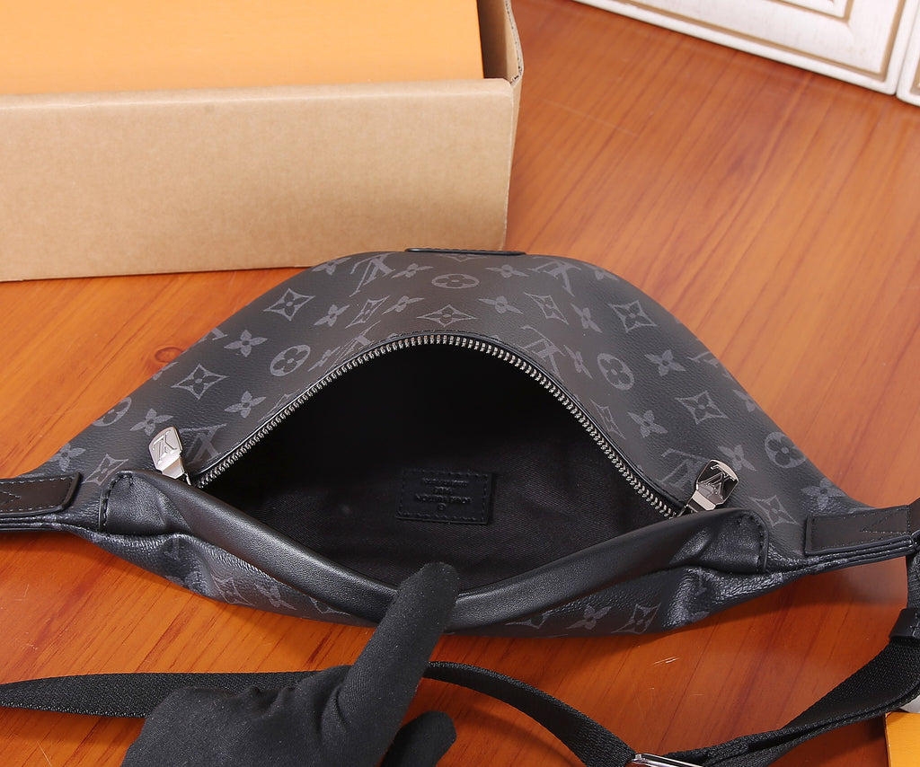 Louis Vuitton belt bag interior view with black lining and zipper opening