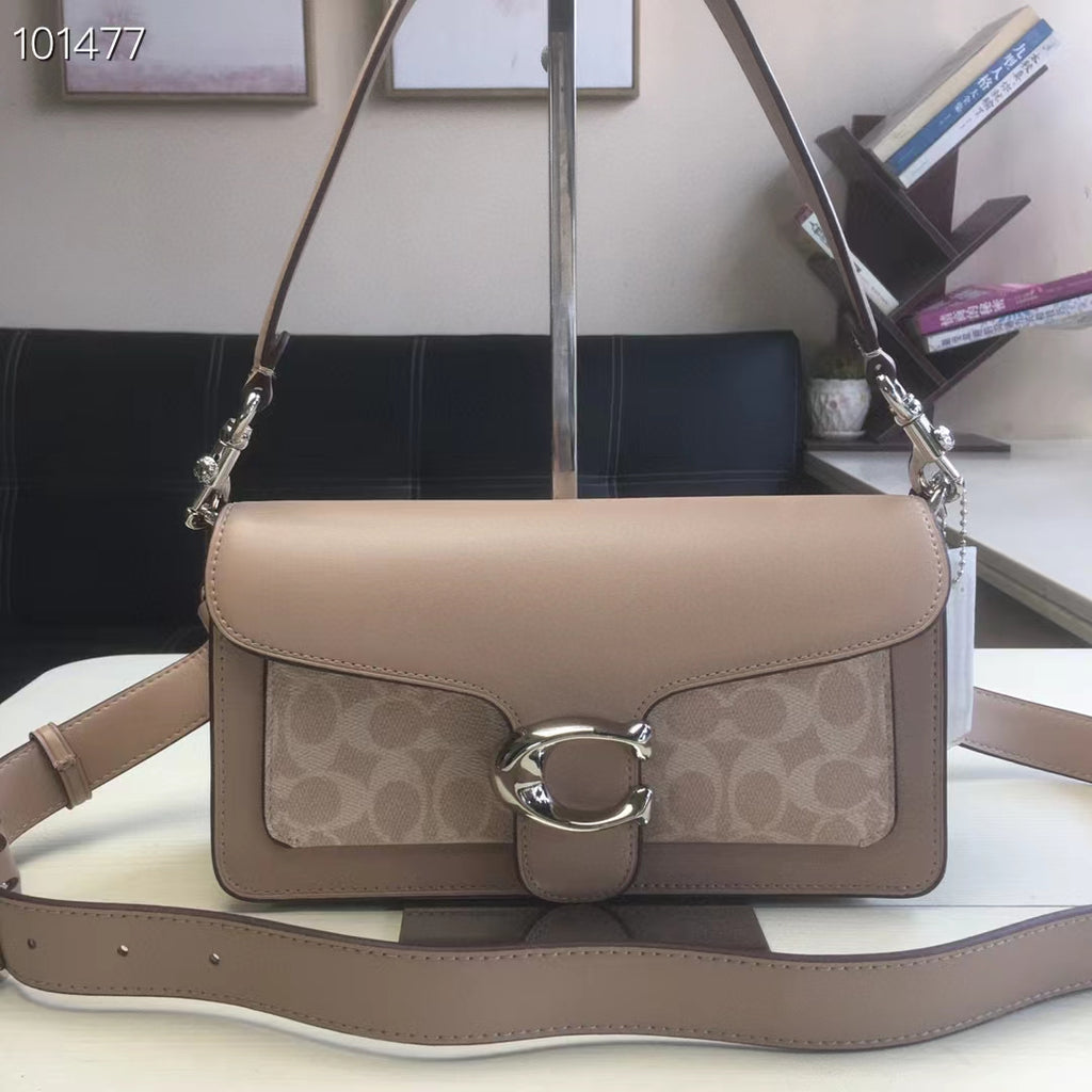 Coah bag crossbody with flap, taupe leather and logo panel, silver buckle hardware.