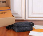Louis Vuitton monogram crossbody bag shown from the side, with black strap and zip top