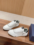 Dior unisex luxury shoes, white leather sneakers with black tongue logo and lace-up