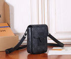 Louis Vuitton monogram crossbody bag with front flap and adjustable strap, dark color.
