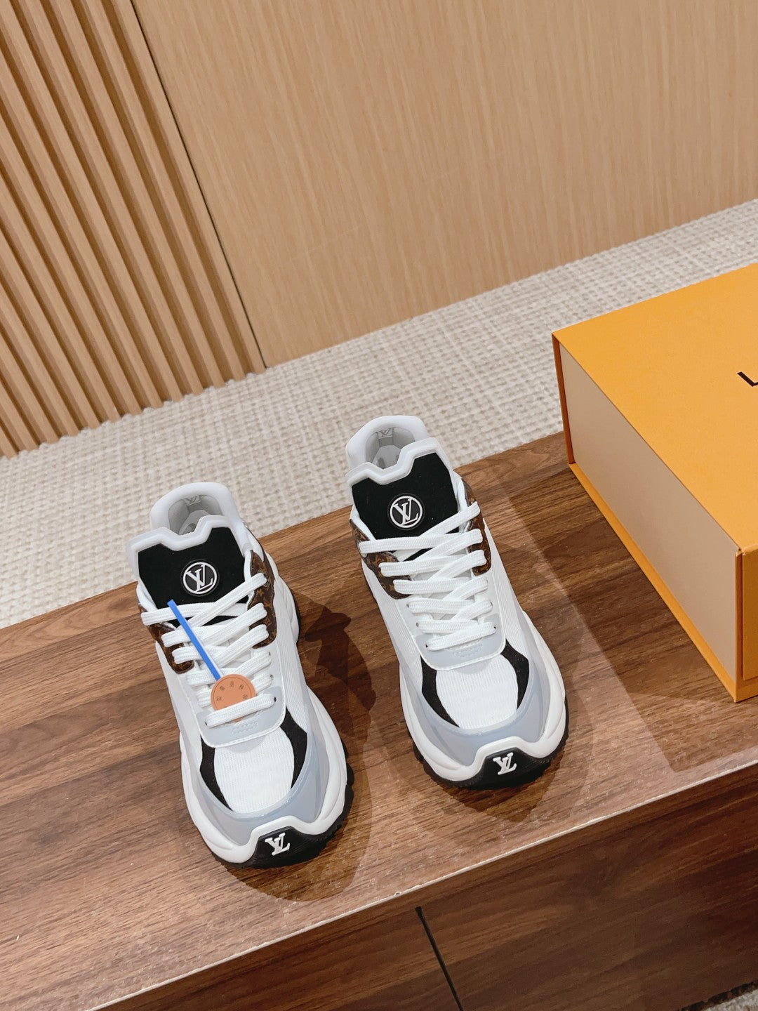 Louis Vuitton unisex lace-up sneakers, white with black/brown trim, chunky sole