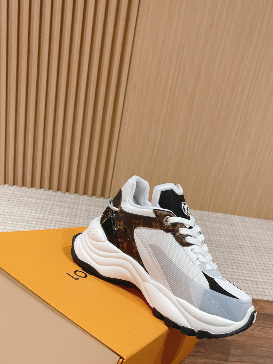 Louis Vuitton unisex lace-up sneakers, white with brown monogram-style panel and black logos