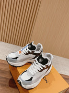 Louis Vuitton unisex lace-up sneakers pair, white uppers with brown/black trim and laces