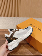 Louis Vuitton unisex lace-up sneakers, white with dark brown monogram panels and chunky sole