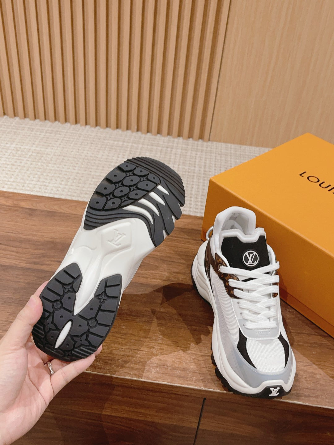 Louis Vuitton unisex sneakers, tread sole and white upper with black-brown side panels