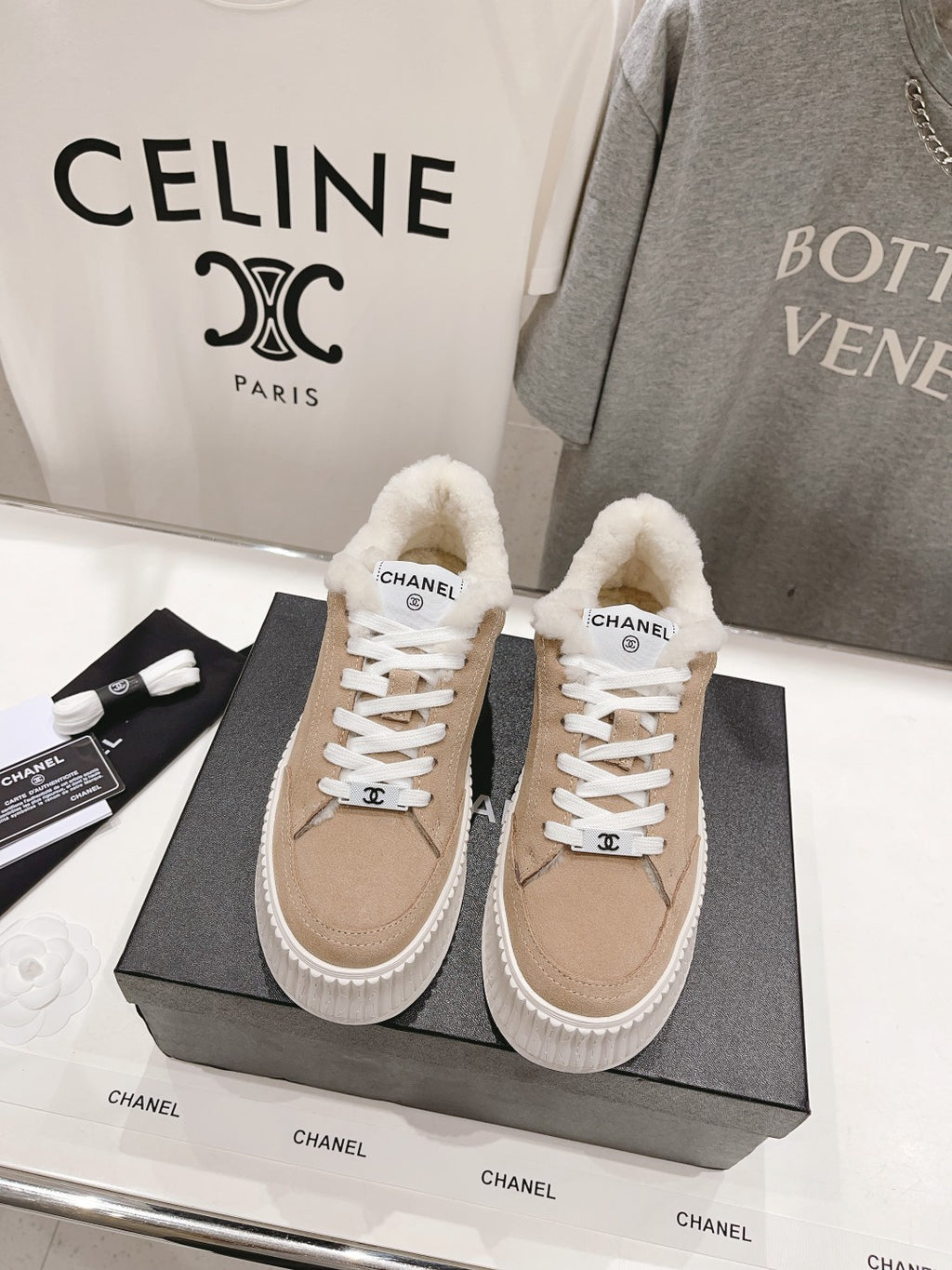 Women’s Chanel sneakers, beige suede, white laces, plush white shearling lining