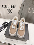 Women’s Chanel sneakers, beige suede, white laces, plush white shearling lining