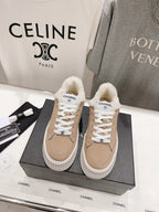 Women’s Chanel sneakers, beige suede, white laces, plush white shearling lining