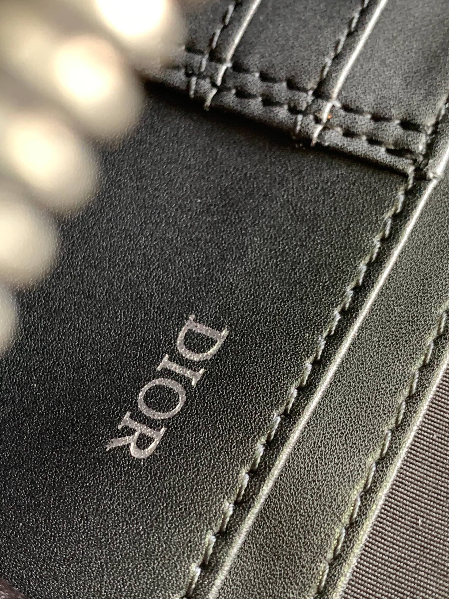 Leather bag panel close-up with “Dior” embossing and stitched edge in dark color