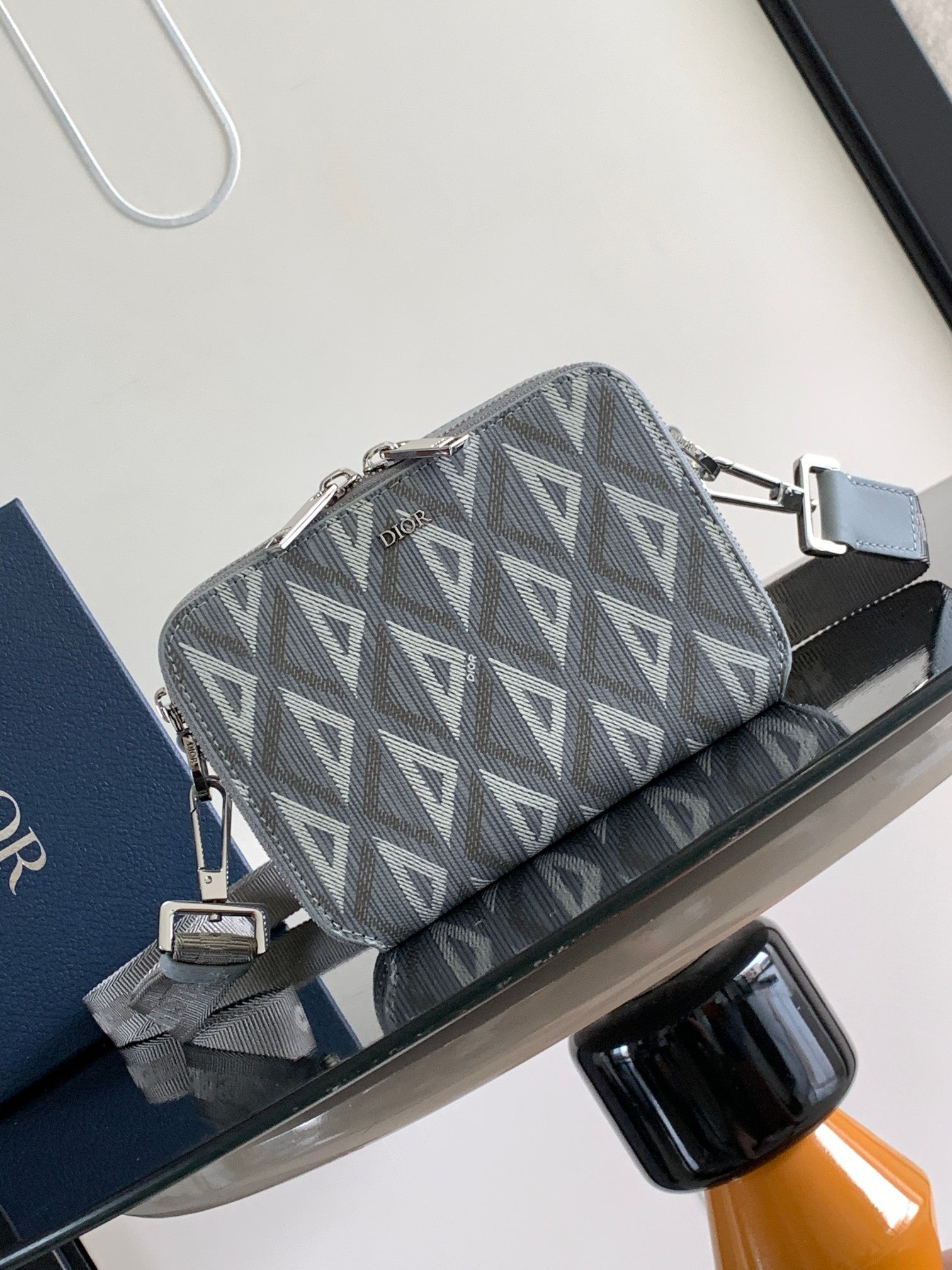 Dior mini crossbody bag in gray Dior Oblique jacquard with zip and light blue strap