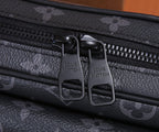 Louis Vuitton zipper pull with two leather tags on monogram fabric, black hardware