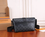 Men's Louis Vuitton monogram messenger bag with flap, front pocket, and strap
