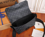 Men's Louis Vuitton monogram shoulder bag open, showing dark fabric lining