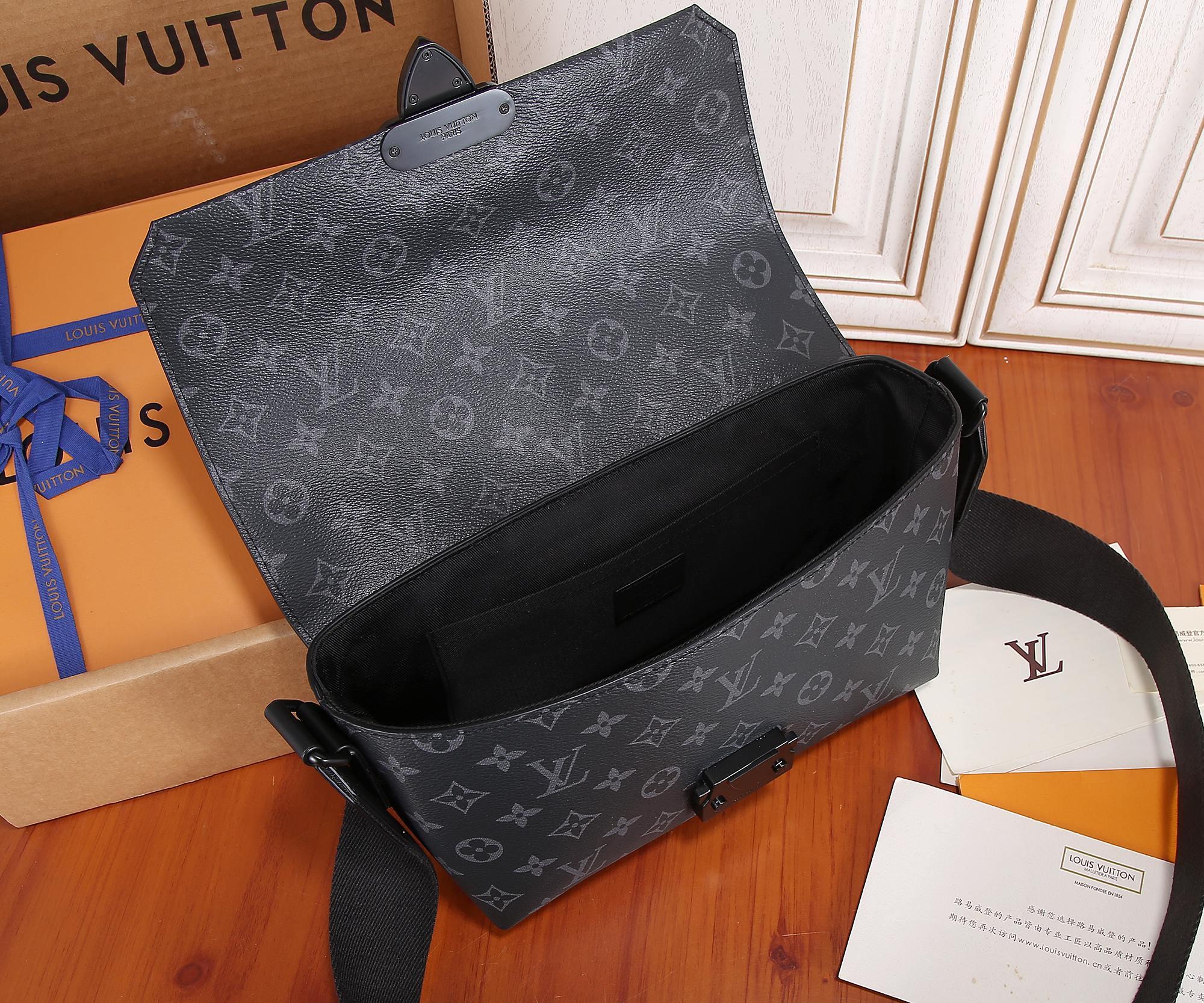Men's Louis Vuitton monogram shoulder bag open, showing dark fabric lining