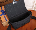 Dark monogram crossbody bag opened to show interior and inner flap lining