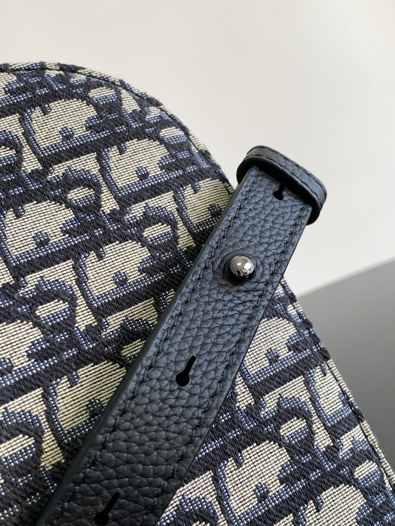 Dior mini bag strap detail with blue-and-beige monogram fabric and dark leather tab