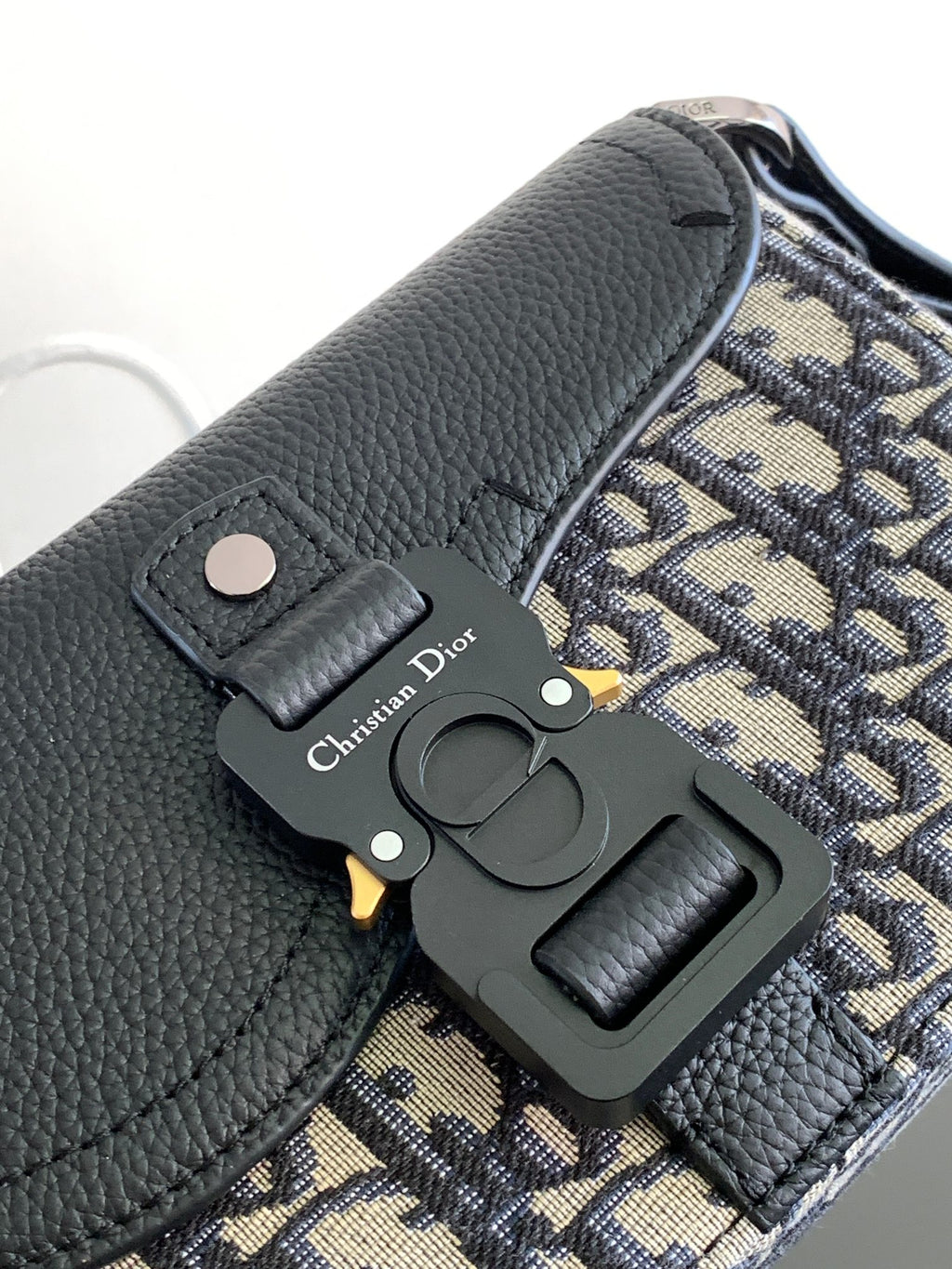 Dior mini bag front with textured dark leather, Dior hardware charm, and monogram panel