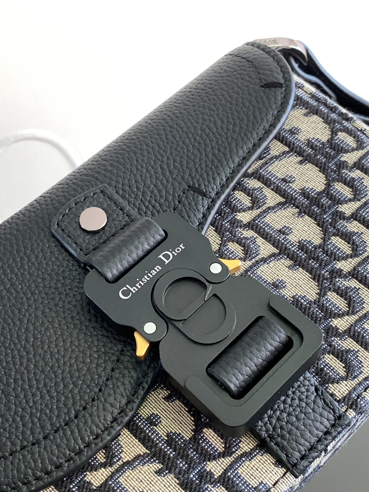 Dior mini bag front with textured dark leather, Dior hardware charm, and monogram panel