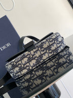 Dior mini bag with blue-and-beige monogram canvas top and black leather trim