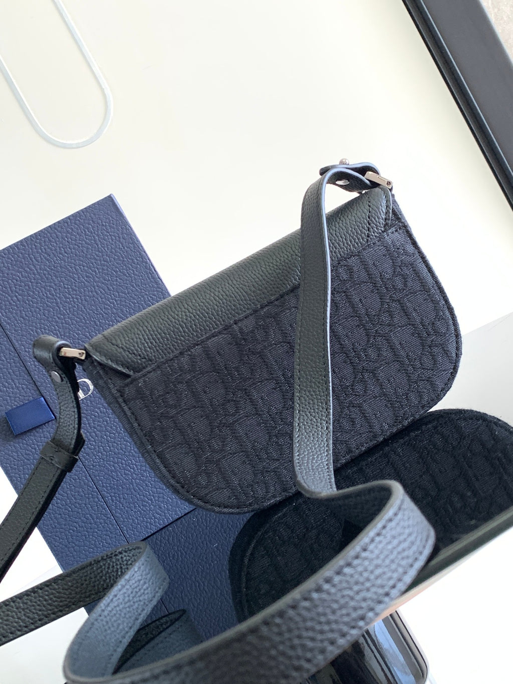 Dior shoulder bag, dark monogram fabric with adjustable strap and pebbled leather trim