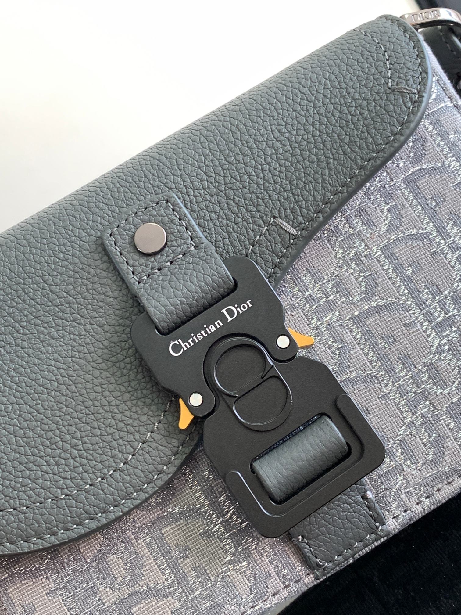 Dior gray leather bag with snap flap, black logo charm, and patterned panel.
